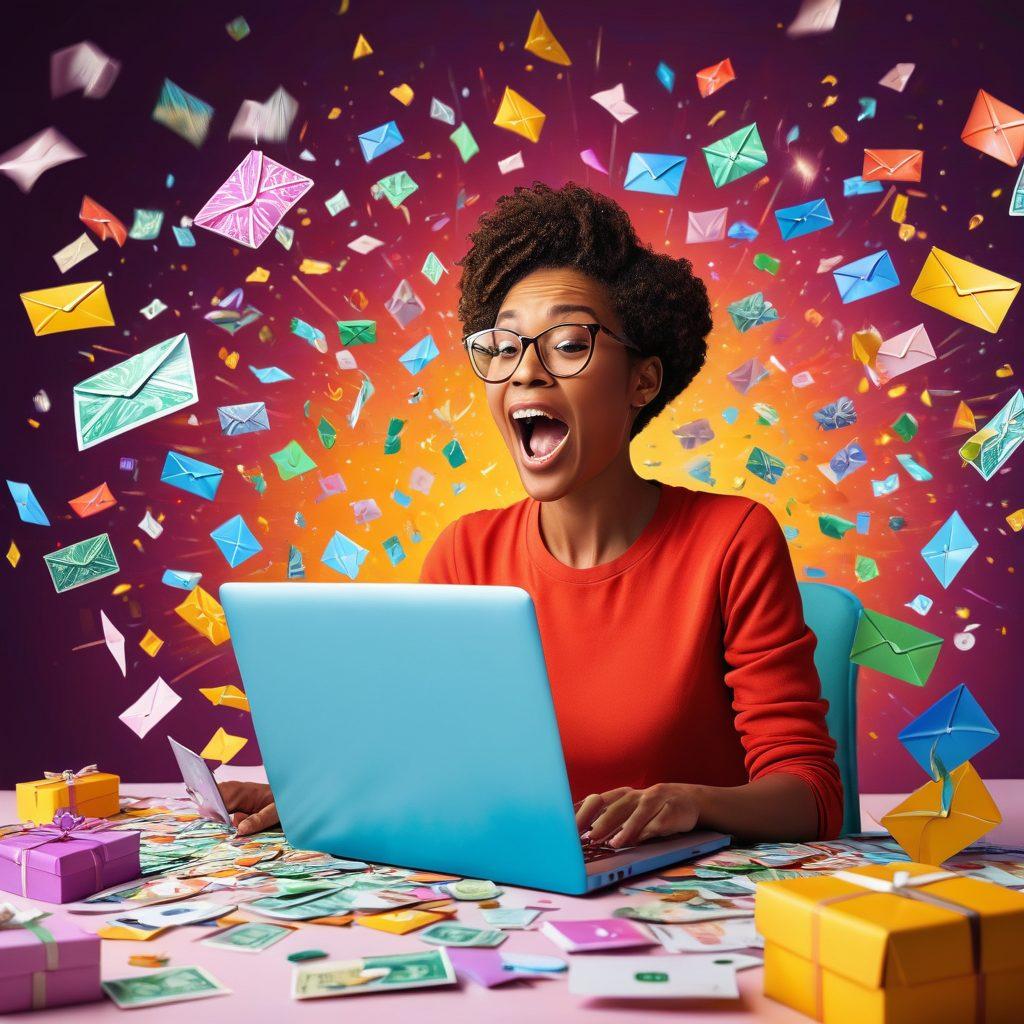 A dynamic illustration featuring a person excitedly opening emails filled with rewards like money, gift cards, and survey icons floating around. In the background, a graph showcasing financial growth due to compensated reading and surveys. The scene should radiate positivity and opportunity, symbolizing success and engagement. vibrant colors. 3D style.