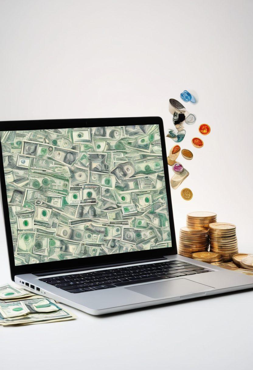 A visually engaging collage featuring a laptop with a glowing screen displaying email and survey icons, alongside a stack of dollar bills and coins. Include elements like a person thoughtfully reading emails and completing surveys with a satisfied expression. The background should be filled with vibrant colors symbolizing income potential. Super-realistic. Vibrant colors. Clean white background.
