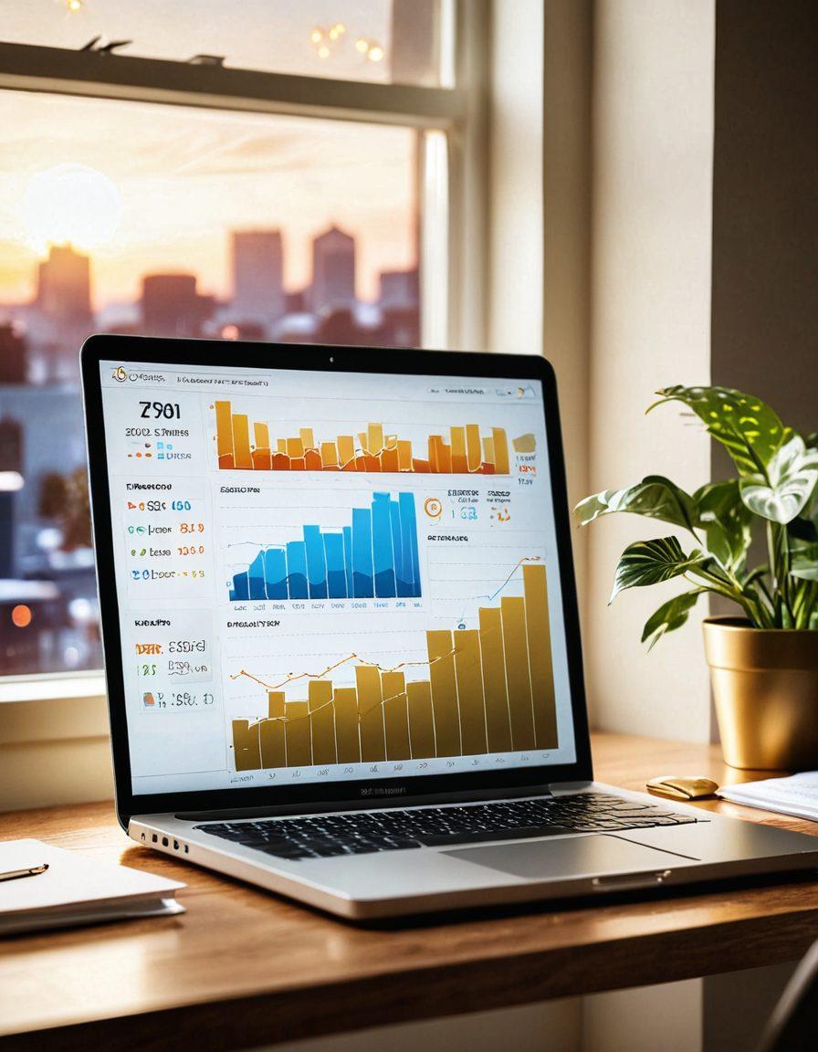 A glowing inbox overflowing with golden coins and dollar bills, symbolizing wealth and passive income. The background features a serene home office with a laptop displaying financial growth charts. Soft sunlight filters through a window, creating a warm and inviting atmosphere. Include visual elements of digital marketing like graphs and strategies subtly integrated. vibrant colors. 3D.